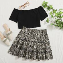 Off Shoulder Top and Leopard Layered Skirt Set | SHEIN