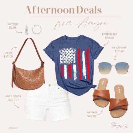 This patriotic look is perfect for 4th of July, and it’s all on sale! Pair a flag graphic tee with white Levi’s denim shorts, tan sandals, a tan woven purse, aviator sunglasses, and silver huggie hoops. 

Summer outfit, vacation outfit, tall  friendly shorts, ootd, Amazon fashion, casual outfit 

#LTKstyletip #LTKfindsunder50 #LTKsalealert