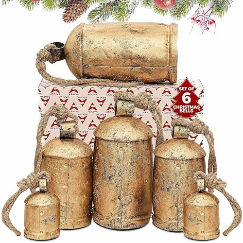 AKATVA Large Christmas Bells for Decoration – Cow Bells for Rustic Christmas Decor – Gold Bells for Christmas Decorations – Vintage Christmas Decor – Rustic Bells on Rope – Set of 6 Pieces | Amazon (US)