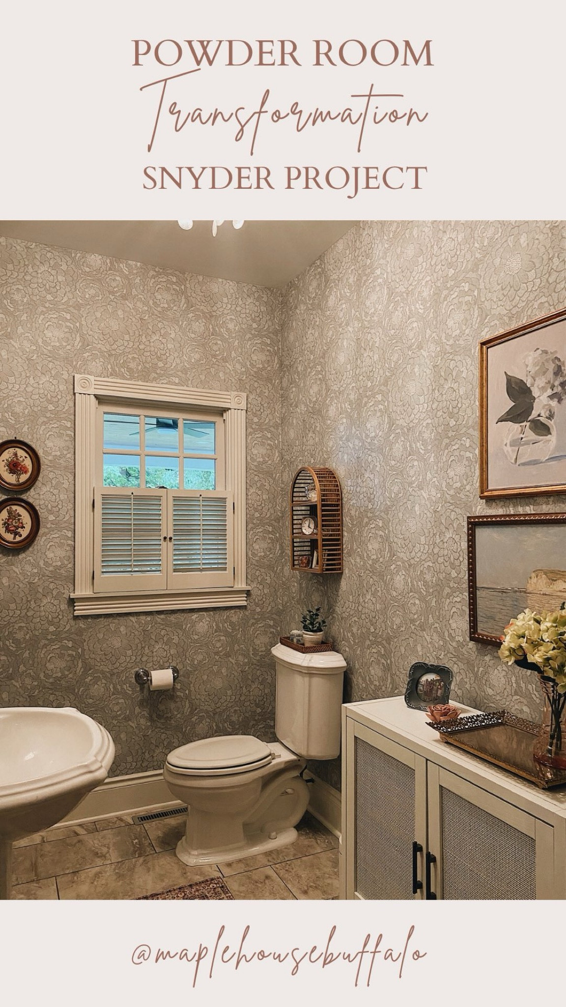 Revealing my latest design project - Amy @simplifybuffalo’s powder room! Watch my reel on Instagram for the before and after and Amy’s reaction! 🥹💙

When Amy explained her youngest had hit an important milestone and no longer needed a changing table 🥹 - I knew I could turn the page on this powder room and create something special!

I took inspiration from her existing light fixture and mirror, and created a coastal vibe that’s both elegant and nostalgic. The modern art above the new cabinet speaks to Amy’s family travels. We incorporated beloved family heirlooms from Amy’s grandmother and vintage finds (thanks to @goodwillwny) into a design that’s thoughtful, collected and deeply personal. 
And of course - the star of the show - the wallpaper! I poured over wallpaper patterns until I came across this one and knew it would be perfect!

Ready to transform your space into something special? At @maplehousebuffalo, I offer personalized interior design services tailored to your style and needs. Submit an interior design inquiry here: https://www.maplehousebuffalo.com

#LTKFindsUnder100 #LTKHome #LTKStyleTip
