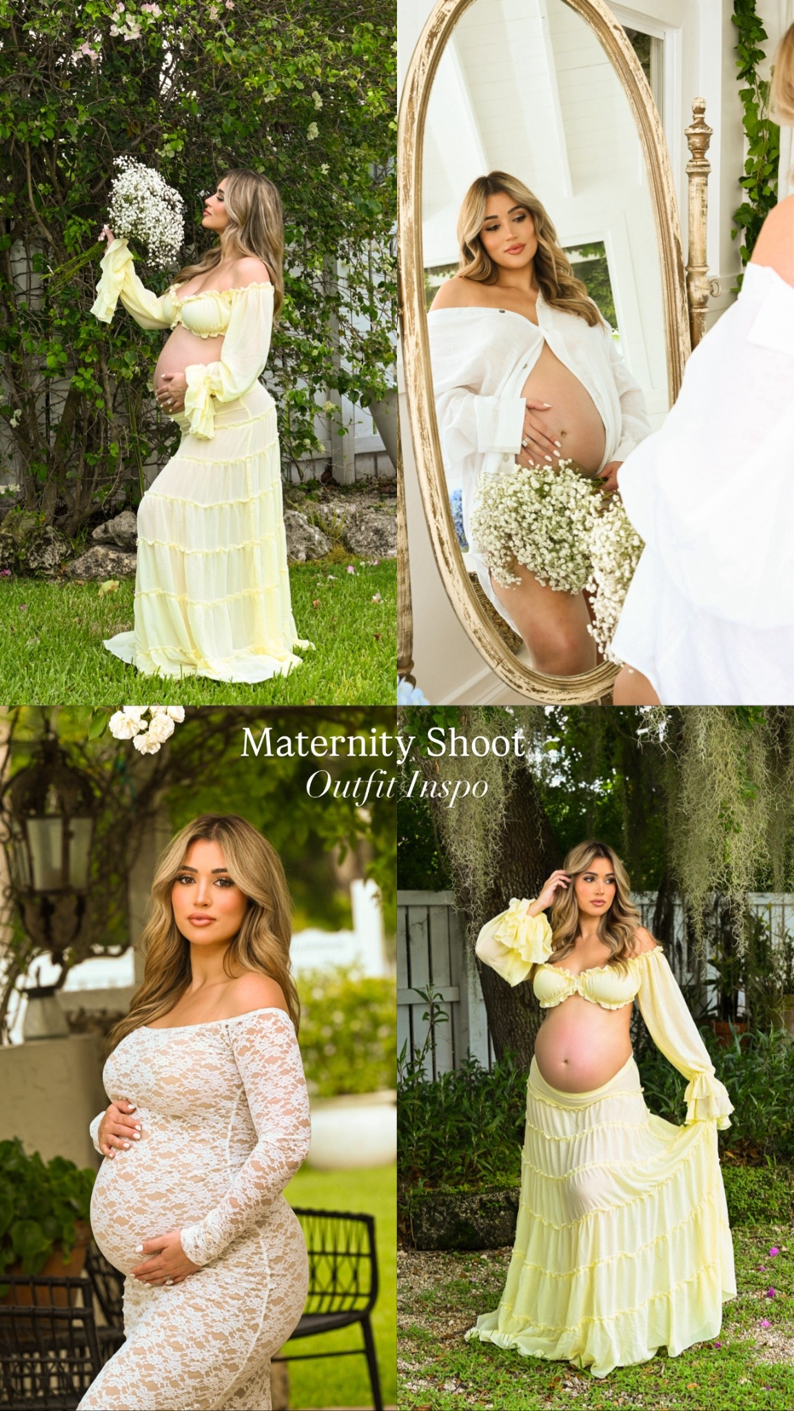 What I wore for my maternity pics 💛 yellow top in medium, yellow skirt in small. White lace dress in a small. White button down in small. Nipple covers are essential because all looks were sheer, I buy them in a size C/D. 

#LTKBaby #LTKBump #LTKPetite