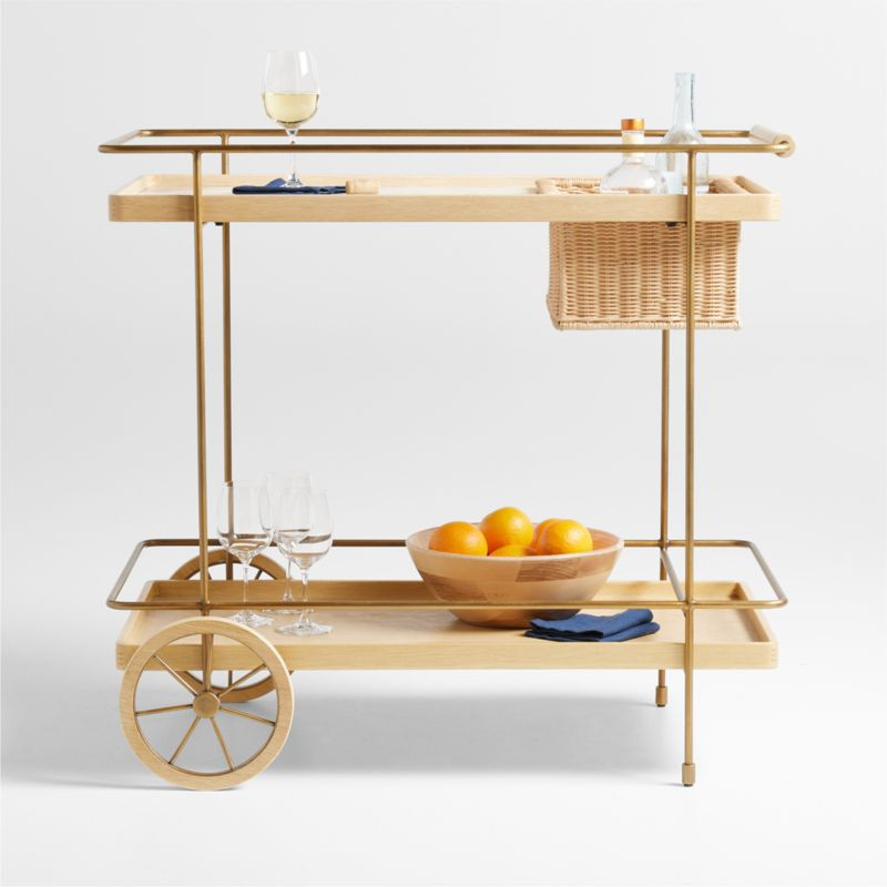 Wicker Park Natural Oak Wood and Marble Bar Cart | Crate & Barrel | Crate & Barrel