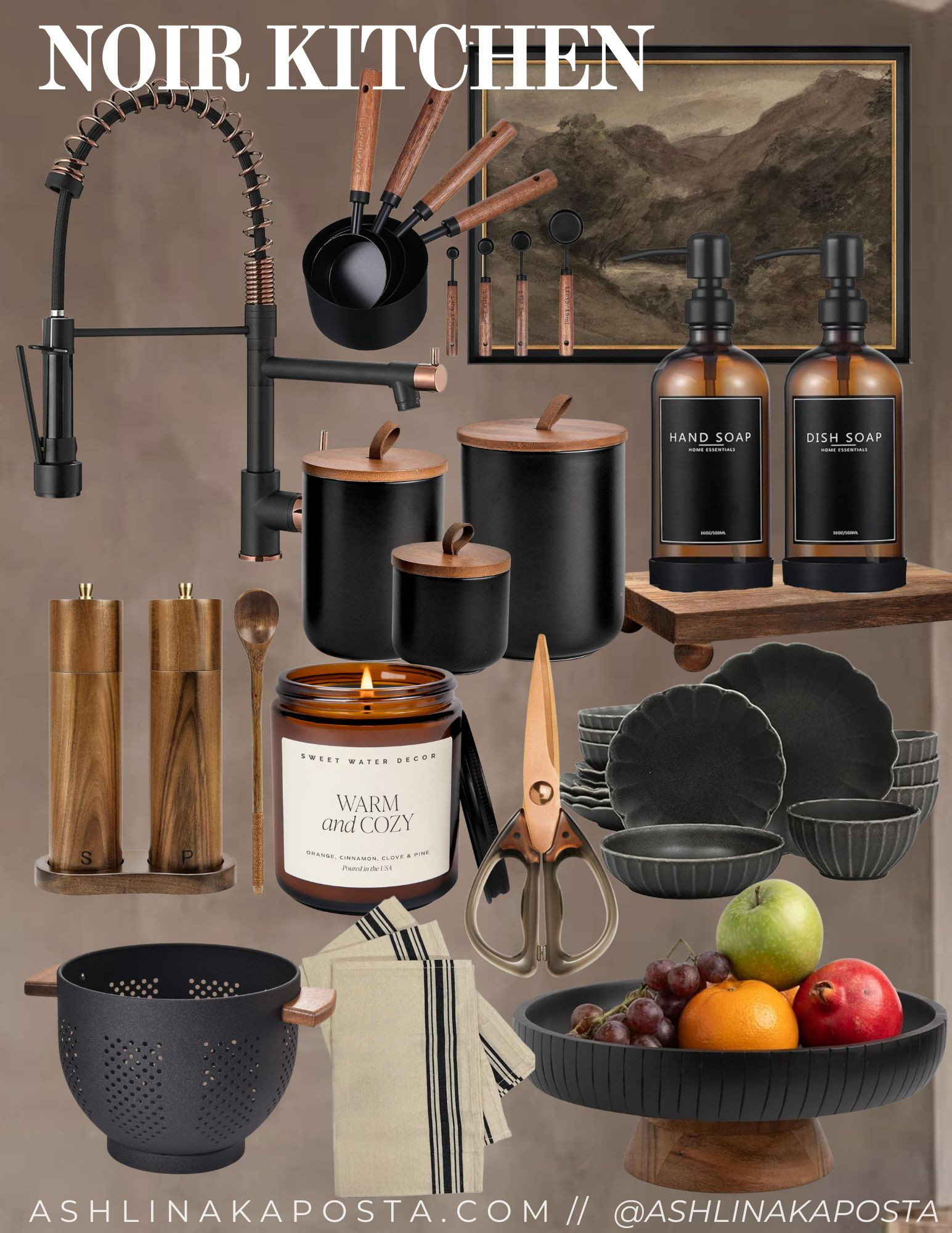 New Noir Kitchen Collection on Amazon is here! Transform your kitchen with this stylish and chic collection featuring matte black and rose gold accents. Complete your kitchen with these beautiful items including a faucet, colander, soap dispenser, canister set, soap tray, measuring cups, salt and pepper grinders, candle, fruit bowl, wall art and more. The perfect decor for any modern kitchen. Shop now! 

 #LTKHome