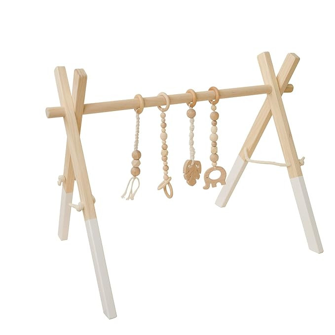 Poppyseed Play Wooden Baby Play Gym, Foldable Frame w/Hanging Bar, Tied Cotton Cord & Wooden Toys... | Amazon (US)