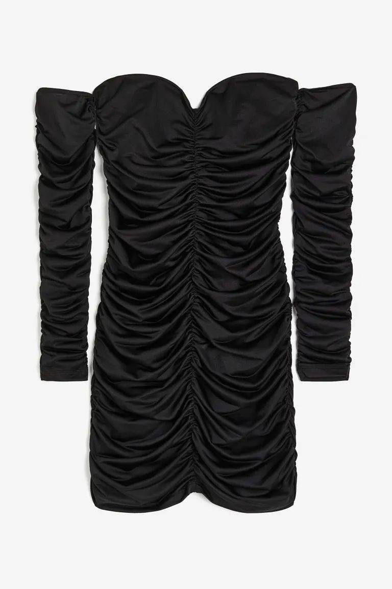 Gathered off-the-shoulder dress - Black - Ladies | H&M GB | H&M (UK, MY, IN, SG, PH, TW, HK)