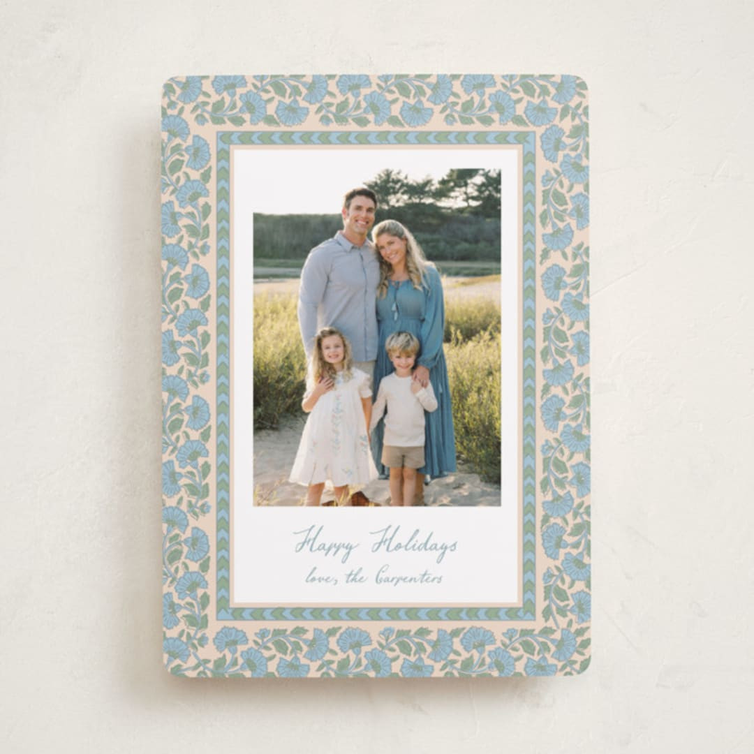 "Floral block print" - Customizable Holiday Photo Cards in Green by Creo Study. | Minted