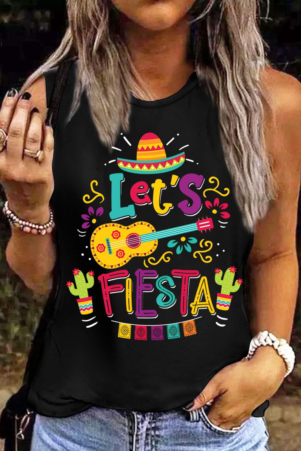 Let's Fiesta Round Neck Casual Tank Tops | Evaless