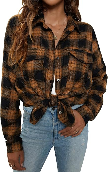 Blooming Jelly Womens Flannel Shirts Plaid Shacket Button Down Long Sleeve | Amazon (US)