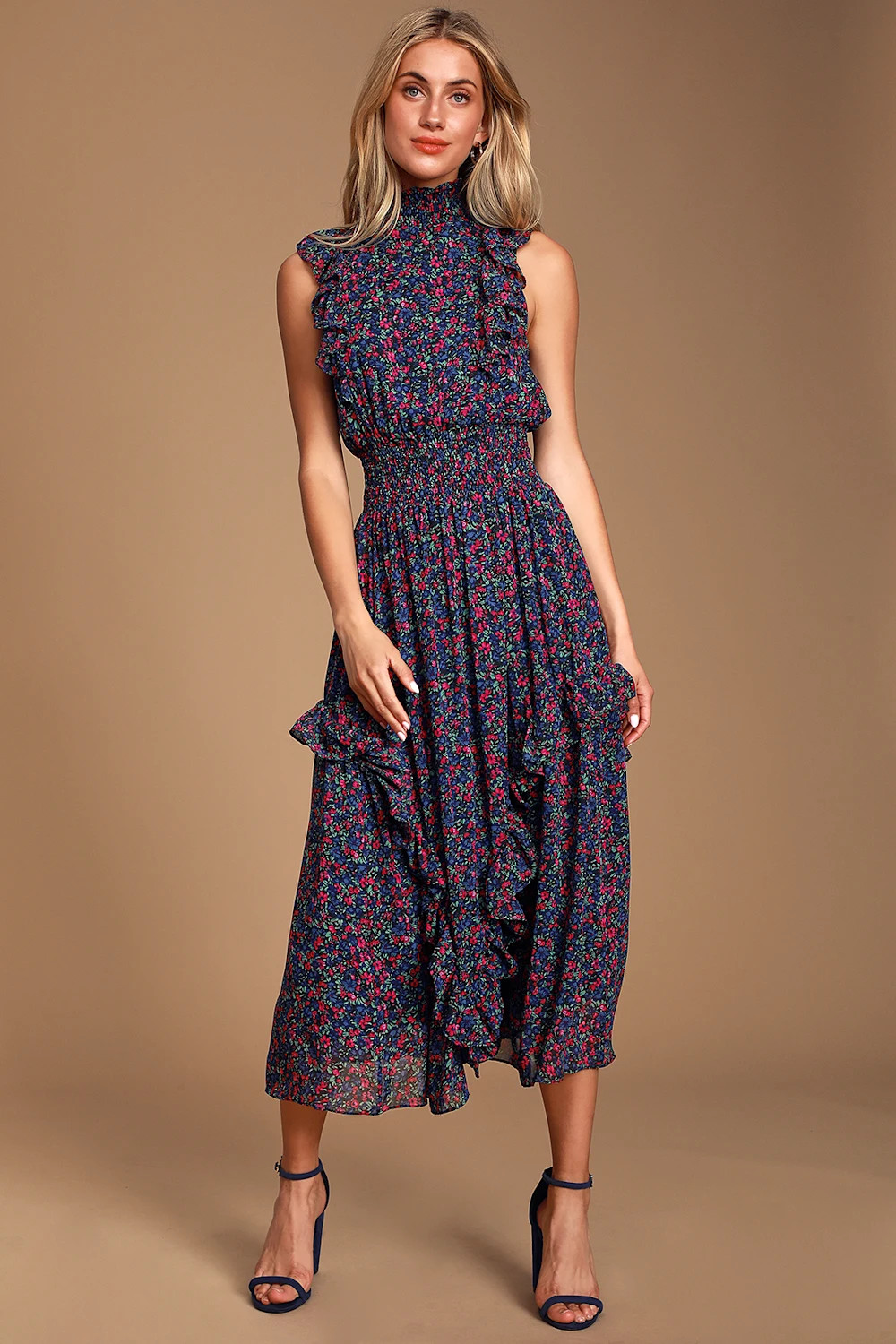 Evalina Navy Blue Floral Print Mock Neck Midi Dress | Lulus (US)
