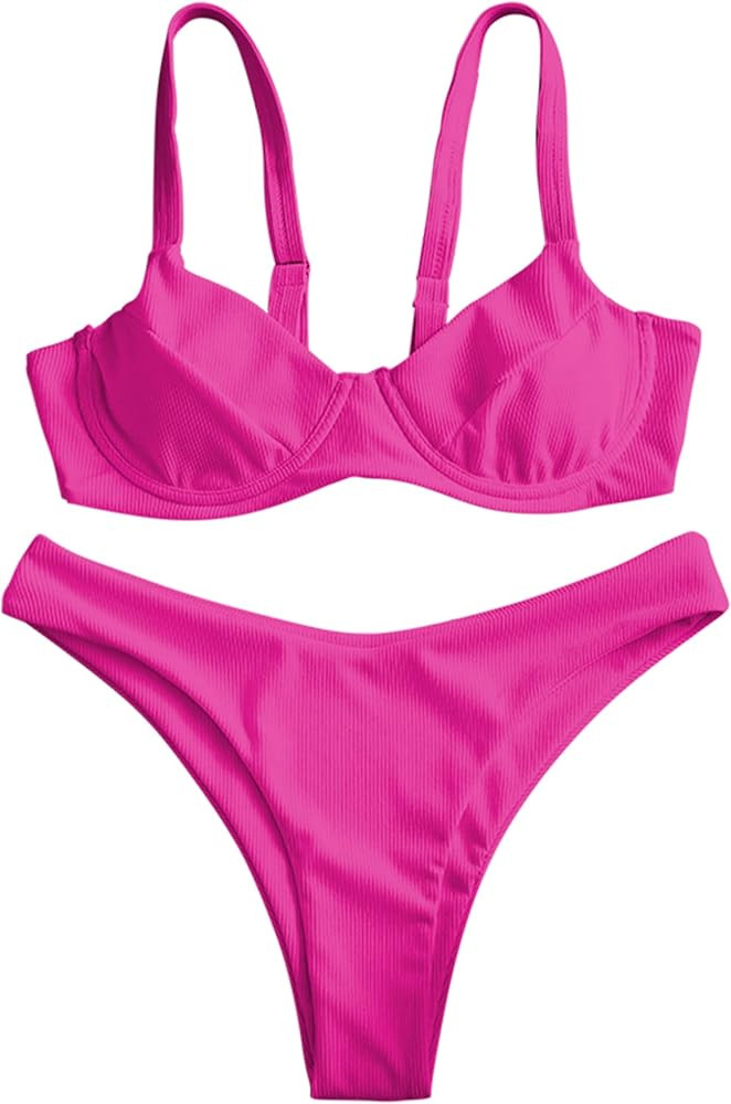 ZAFUL Women's Ribbed Underwire Bikini High Cut V Notch Smocked Swimwear Printed High Leg Swimsuit | Amazon (US)