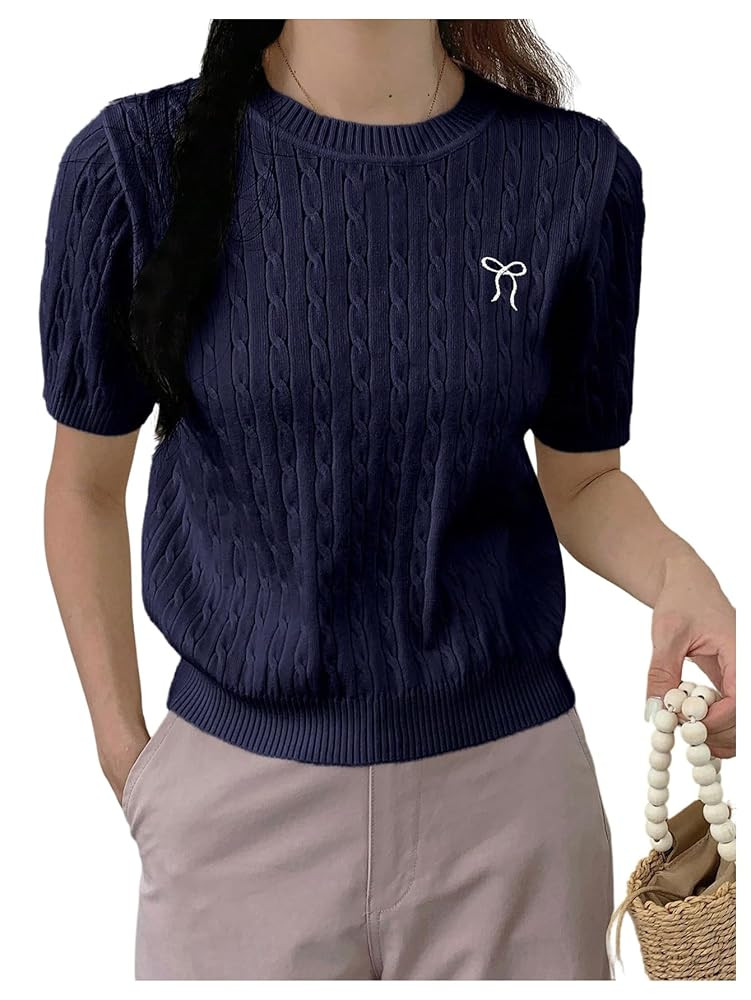 OYOANGLE Women's Short Sleeve Sweater Tops Bow Embroidery Cable Knit Pullover Sweaters | Amazon (US)