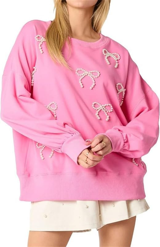Y2k Pearl Bow Sweatshirt for Women Oversized Long Sleeve Pullover Shirt Fairycore Grunge Going Ou... | Amazon (US)