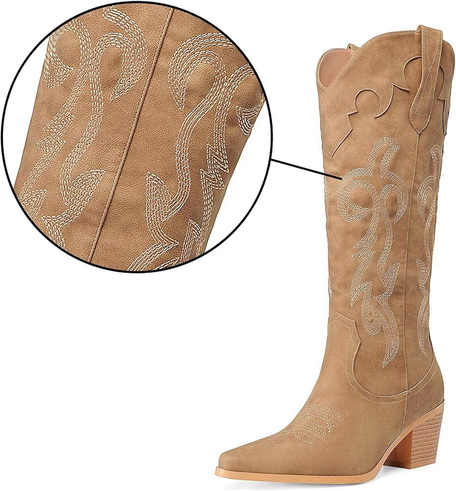 Oh Mispares Women's Western Style Knee High Cowgirl Boots Embroidered Wide Calf Pointed Toe Chunky B | Amazon (US)