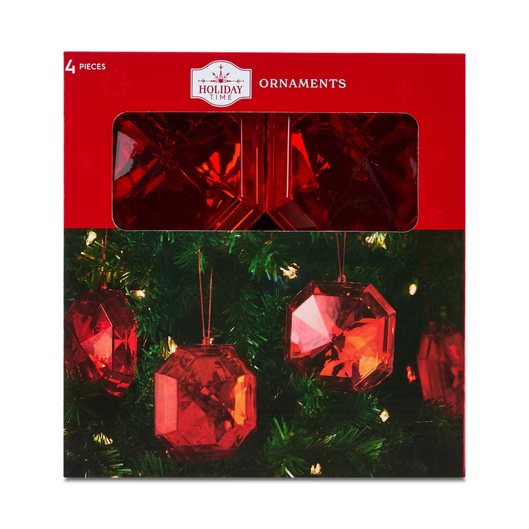 Red Square Gem Christmas Ornaments, 4 Count, by Holiday Time | Walmart (US)