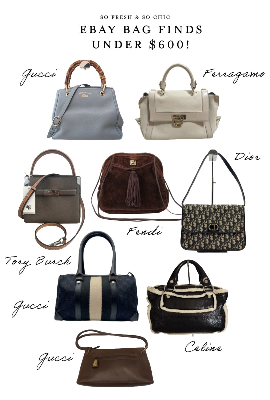 EBay bag finds under $600! For the friend who has everything OR, you know, for you! ;)
-
Gift guide for her - gifts for her - Vintage bags eBay Japan finds - blue leather vintage Gucci bag bamboo handle - vintage Ferragamo ivory leather two way bag - chocolate brown suede Fendi bag vintage - Tory Burch petite Lee radziwill crossbody bag - vintage leather bags eBay - Dior trotter shoulder bag - Gucci stripe Boston bag - Celine leather and boucle bag - vintage Celine bag - vintage bags under $300 - gifts for her - designer bags under $600 - eBay designer bag finds 

#LTKootd #LTKselfcare #LTKGiftGuide