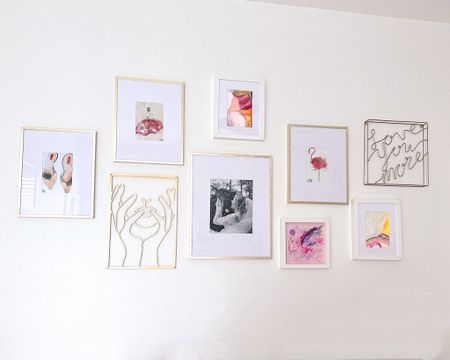 Office wall decor, office decor ideas, fashion gallery wall, watercolor art gallery wall display inspo, gold matted frames with pink watercolor art, mixing photos with abstract art, abstract art prints, eclectic gallery wall inspiration. Flamingo watercolor, fashion watercolor decor, metal silhouette art. 

#LTKhome #LTKFind #LTKunder50
