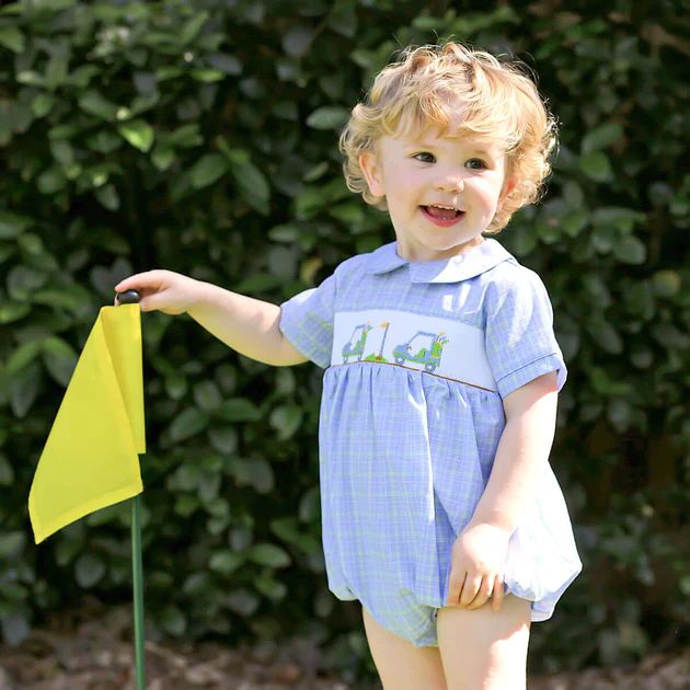 Play Golf Blue Plaid Smocked Collared Bubble | Classic Whimsy