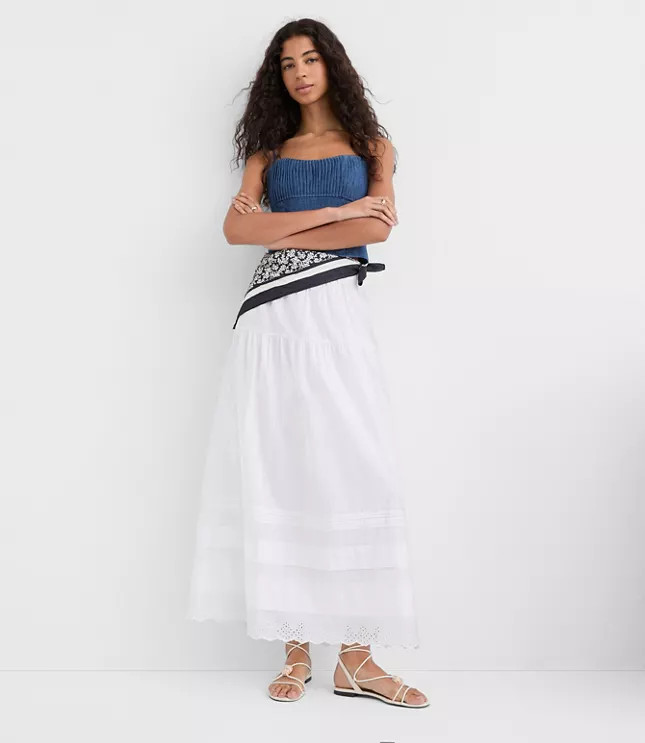 Scalloped Eyelet Pintucked Maxi Skirt | LOFT