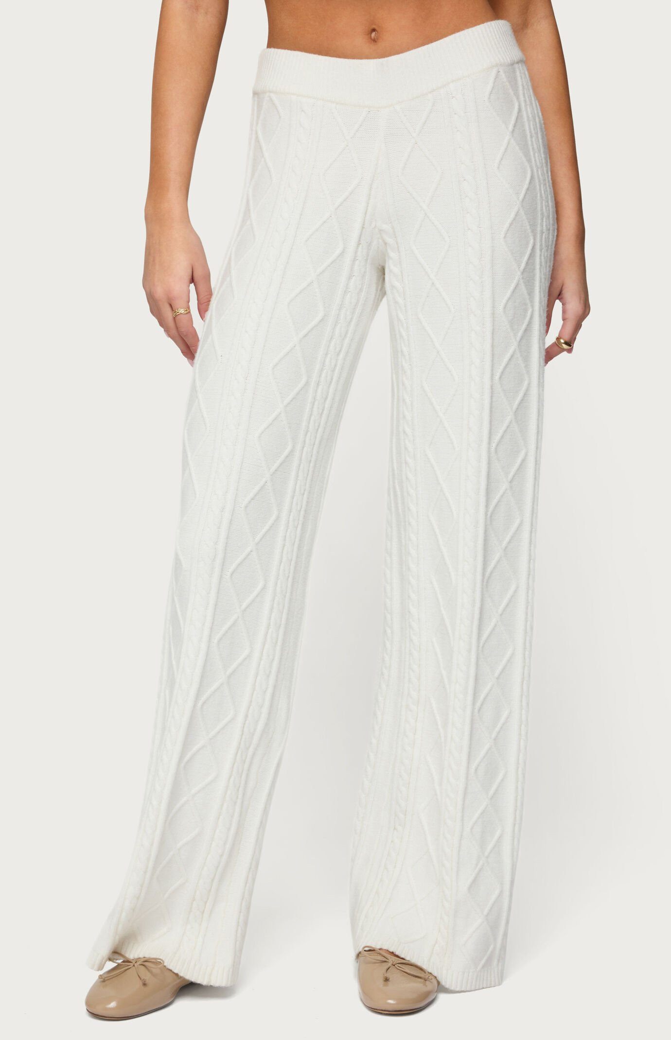 Edikted Women's Louise Straight Leg Cable Knit Pants in White - Size Medium | PacSun