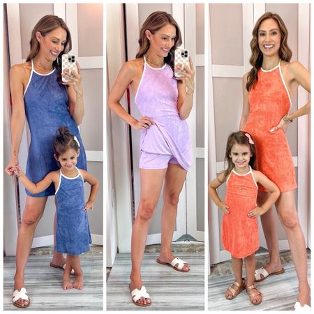 Sale alert!!!! These terrycloth dresses ended up being our fave from it mommy and me try-on! Open back, even on the mini 😆 and lined with shorts! So comfy and cute! Also comes in pink and black and we got all the colors but black because it’s new but I’m getting that one too 😆.  Mani doesn’t comes in a lilac or black and Charli is mad about it lol. I’m wearing an XS and Charli is wearing a 2T. I also got her the 3T to wear longer 😆. This is so cute for a pool party, a chic beach vacay look, or just a comfy around the house romper! 

#LTKkids #LTKfindsunder50 #LTKsalealert