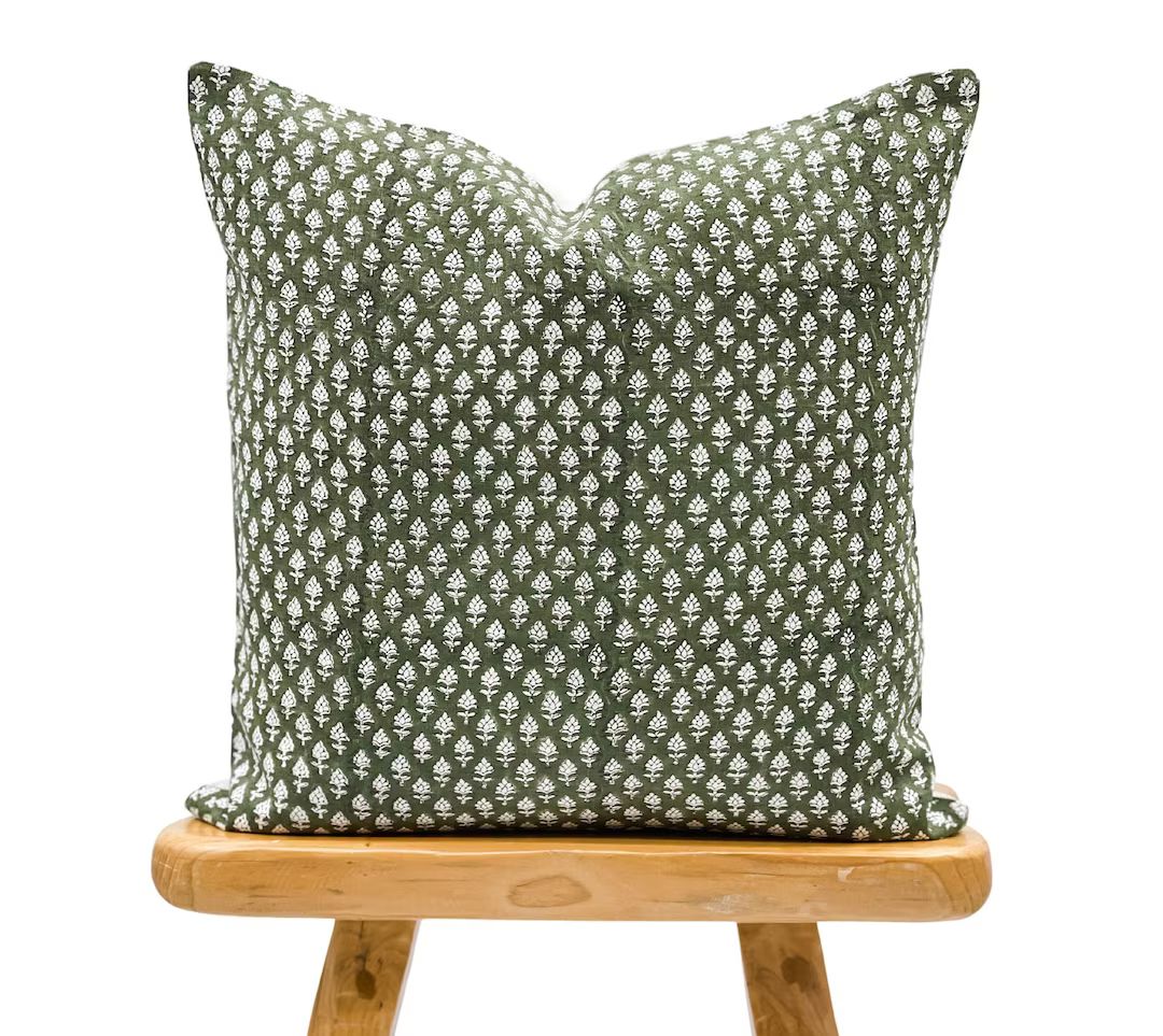 Designer Olive Green on Off White Linen Pillow Cover, Green Pillow cover, Boho Pillow, Farmhouse ... | Etsy (US)