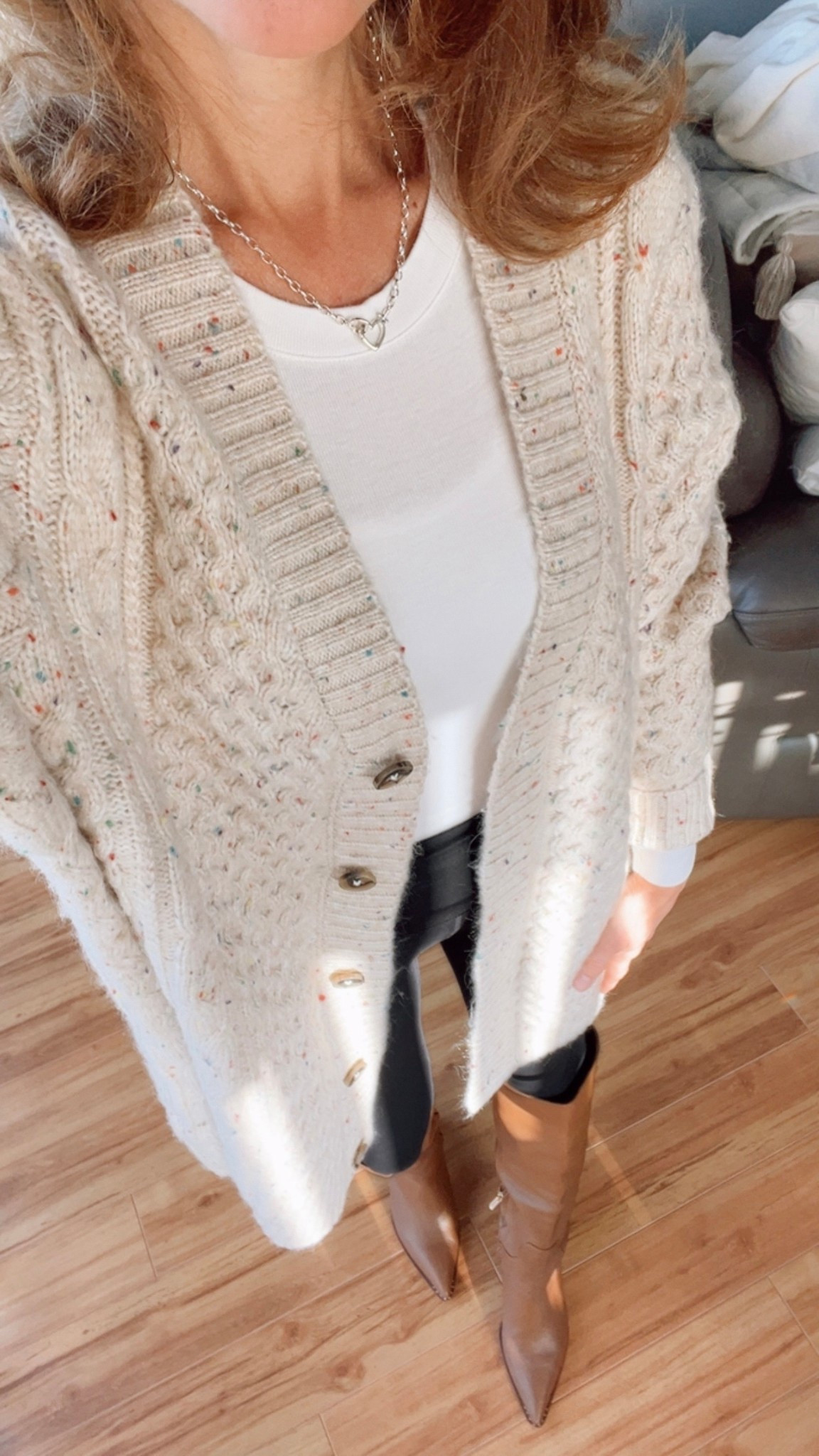 Long sweater cardigan with long sleeve cozy tee and black leggings and tall boots for winter outfit - Black Friday Cyber Deals - $12 leggings with fleece lining #over40style

#LTKCyberWeek #LTKHoliday #LTKootd