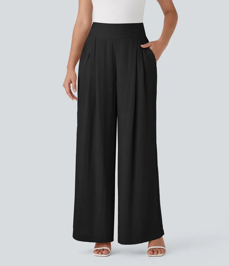 Women’s High Waisted Wide Leg Work Linen-Feel Pants with Side Pockets - Halara | HALARA