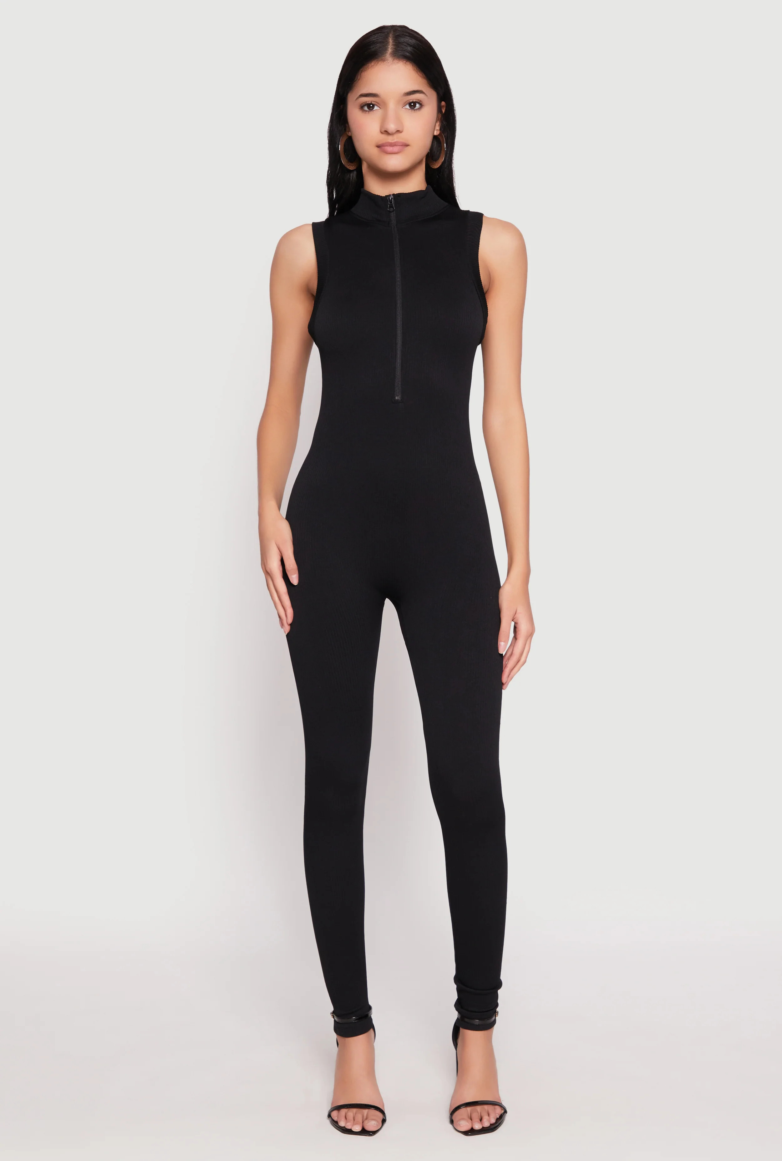 Ribbed Knit Sleeveless Half Zip Catsuit | Rainbow Shops