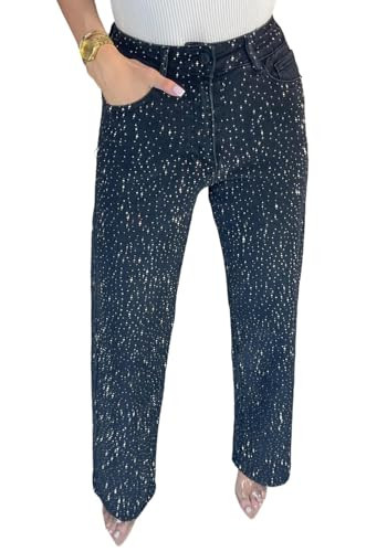 LETSVDO Women's Rhinestone Jeans Baggy High Waisted Y2k Straight Wide Leg Sparkly Glitter Bling Denim Pants Trousers Black | Amazon (US)