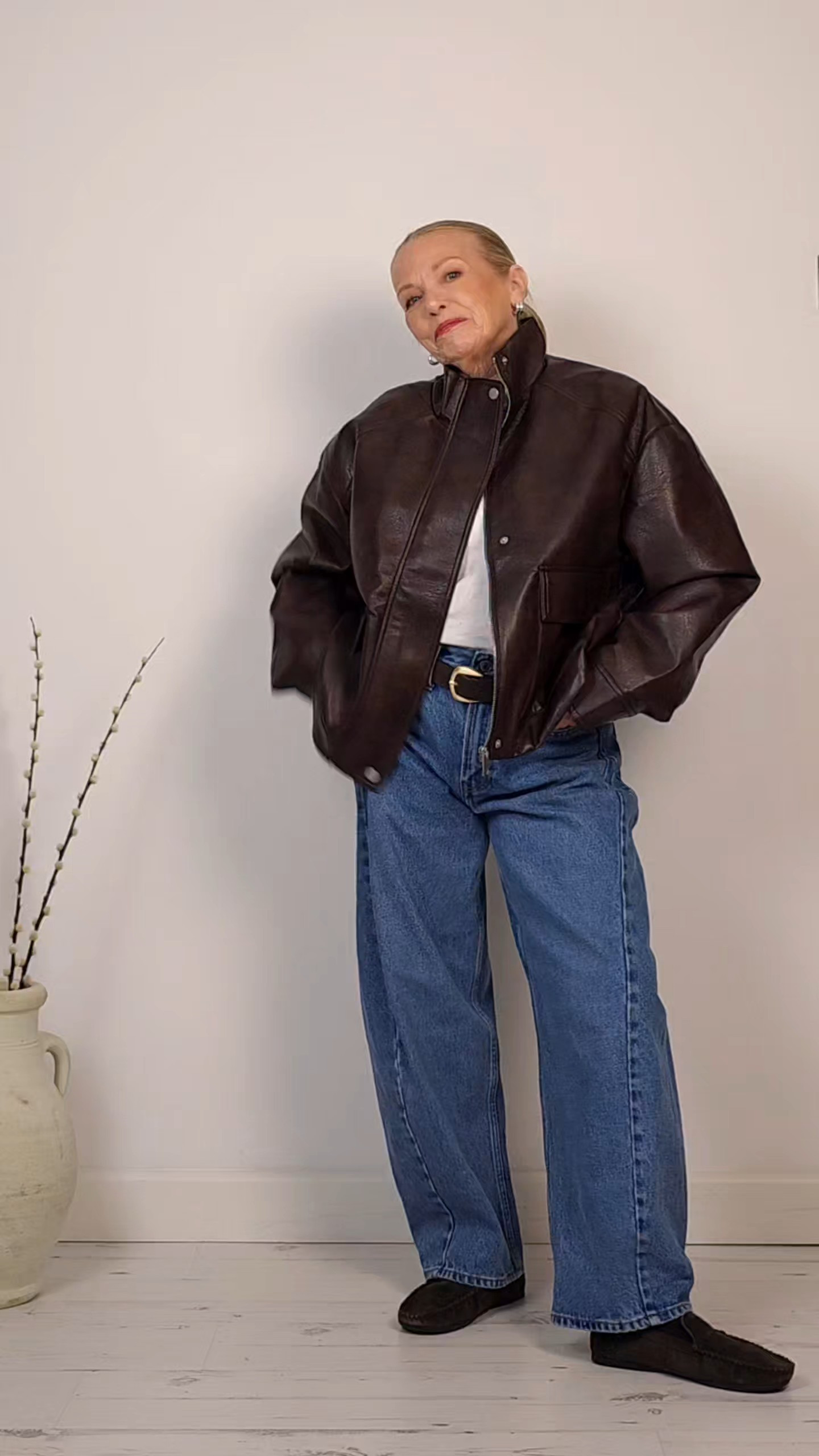 An easy outfit formula for when you don't know what to wear....Brown faux leather funnel neck jacket - blue barrel-leg jeans  - brown suede loafers - brown suede bag

#LTKuk #LTKwinter #LTKpetite
