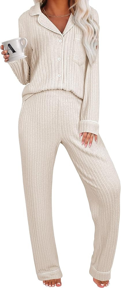 ANRABESS Women Pajama Lounge Sets 2025 Fall 2 Piece Outfits Ribbed Long Sleeve Matching PJ Set Sl... | Amazon (US)