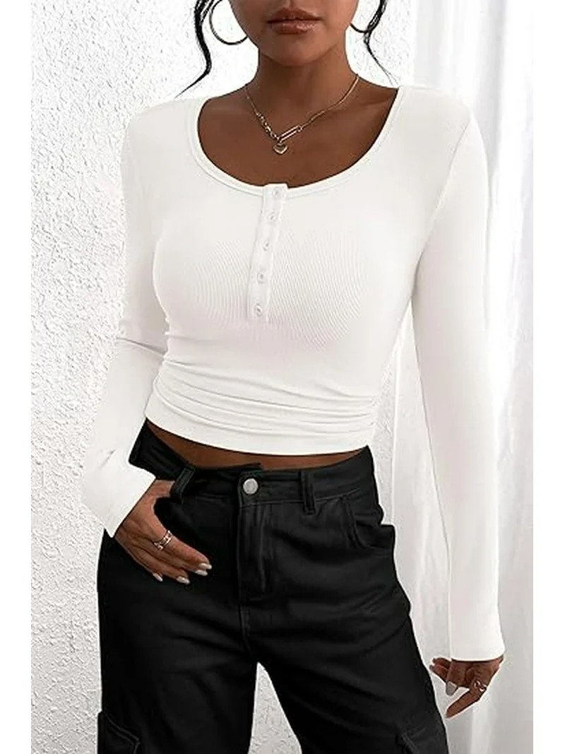 PRETTYGARDEN Women's 2025 Spring Fall Long Sleeve Henley T Shirts Button Ribbed Knit Slim Fit Cas... | Walmart (US)