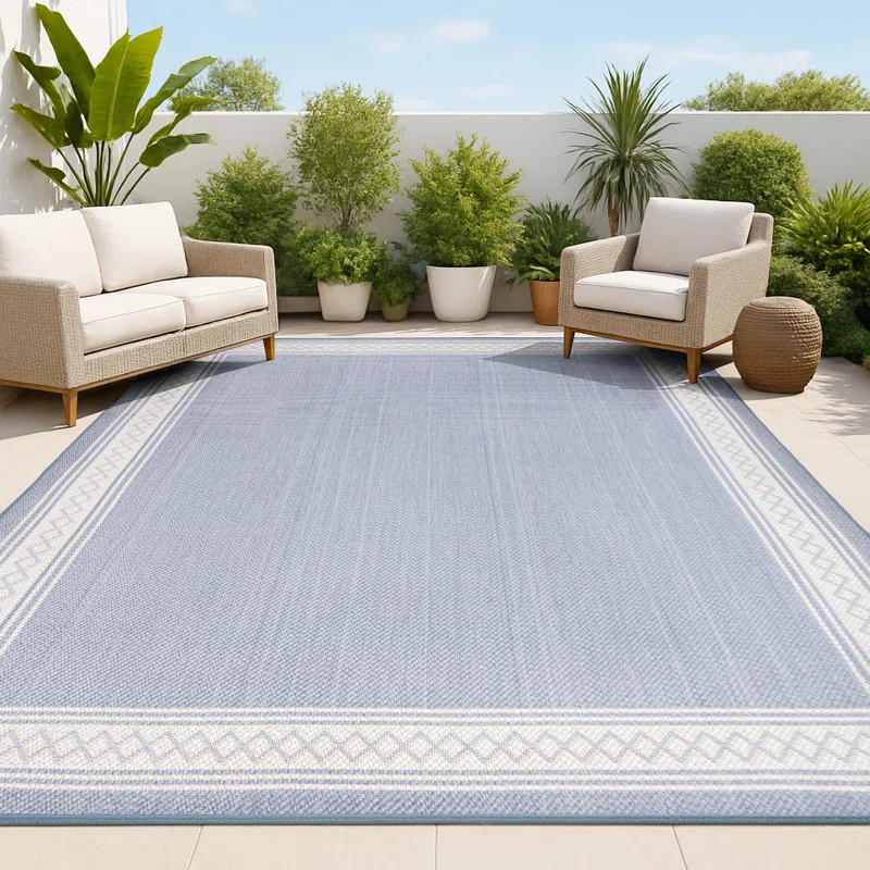 Cisse Classic Diamond Border Blue/Cream Indoor/Outdoor Rug | Wayfair North America