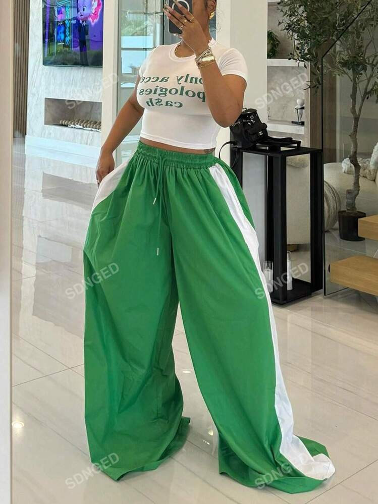 Women's Drawstring Contrast Color Loose Wide Leg Pants | SHEIN
