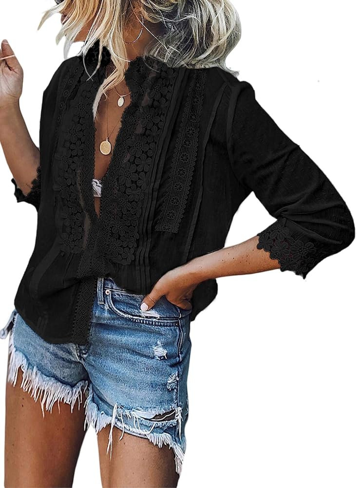 Canikat Women's V Neck Lace Crochet Flowy Bell Sleeve Button Down Casual T Shirts Blouses Tops | Amazon (US)