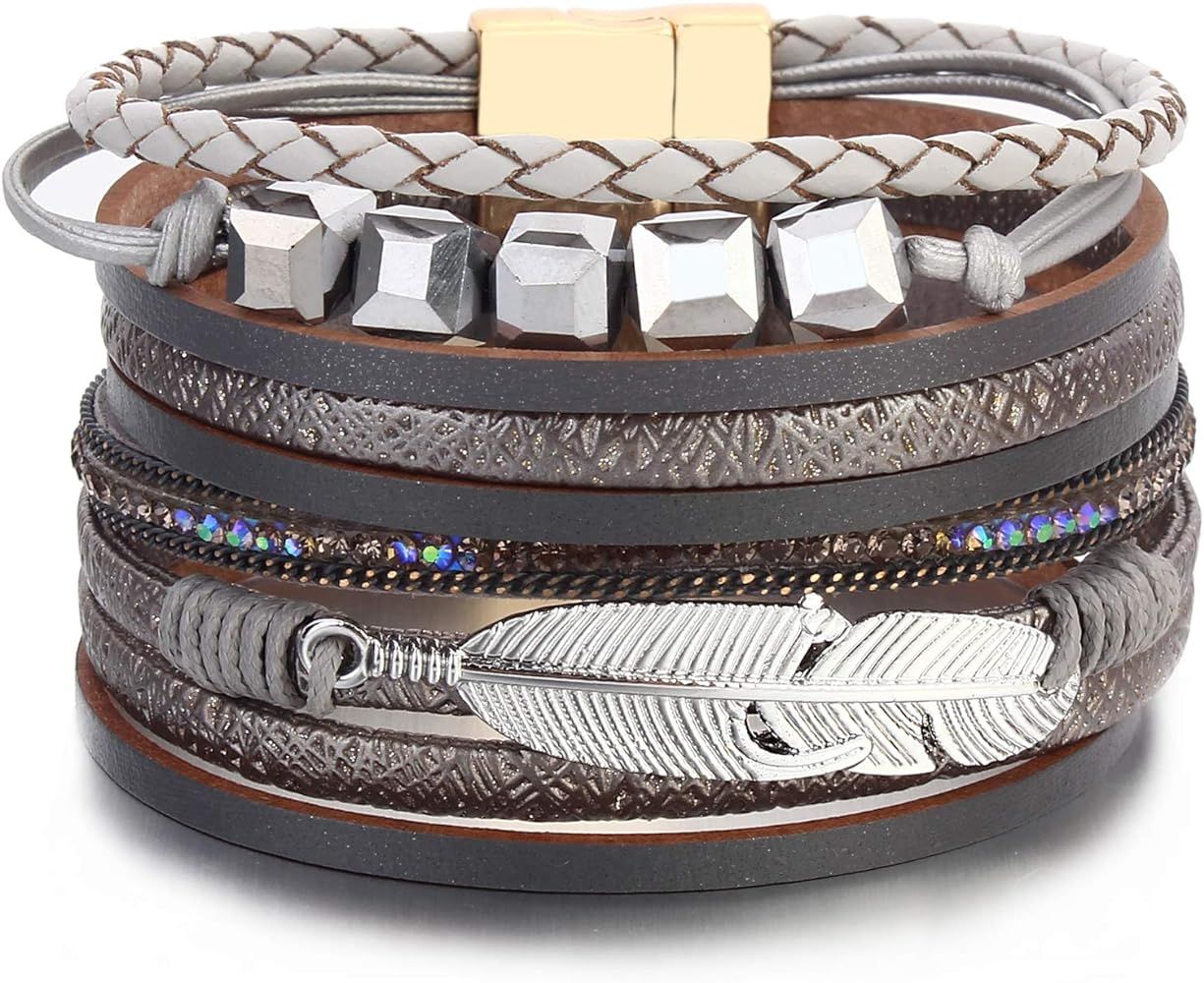 FANCY SHINY Boho Leather Wrap Bracelet Crystal Leaf Cuff Bracelets Bohemian Jewelry with Magnetic... | Amazon (US)