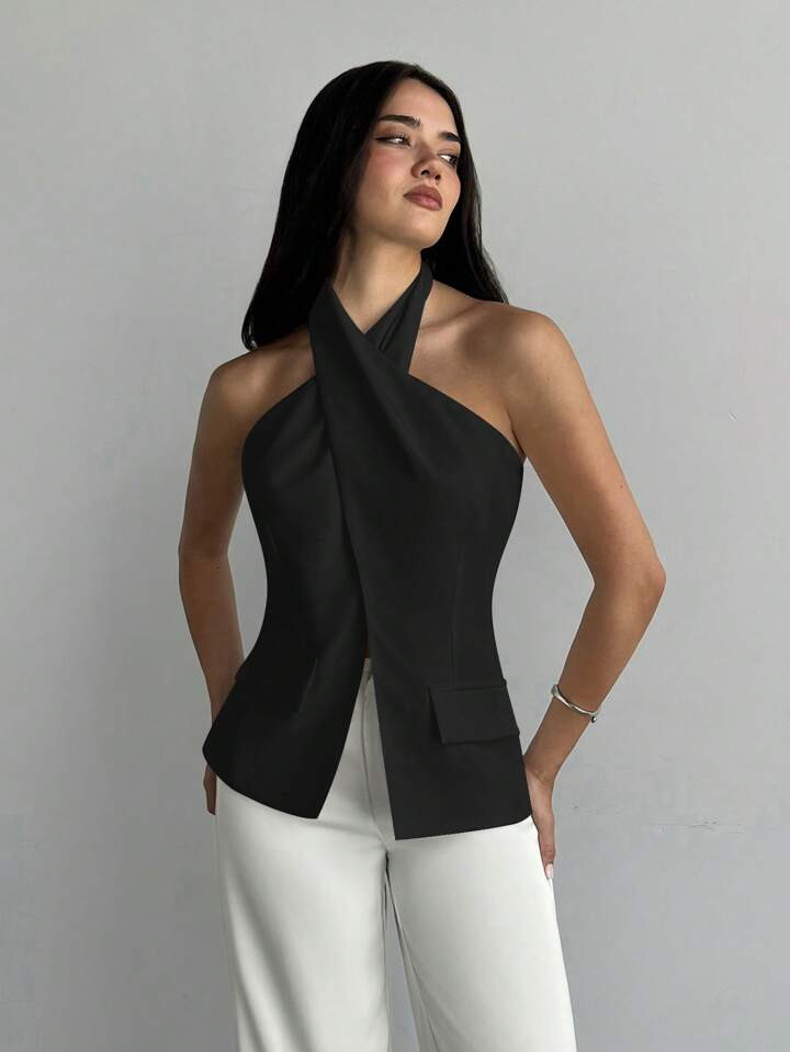 Aloruh Women's Solid Color Split Hem Halter Neck Camisole Vest, Suitable For Commuting,Rave Top | SHEIN