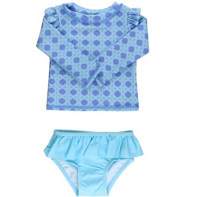 RuffleButts Girls UPF50+ Skirted Flutter Long Sleeve Rash Guard Bikini - Periwinkle Blue Coastal Cane, 5 | Target
