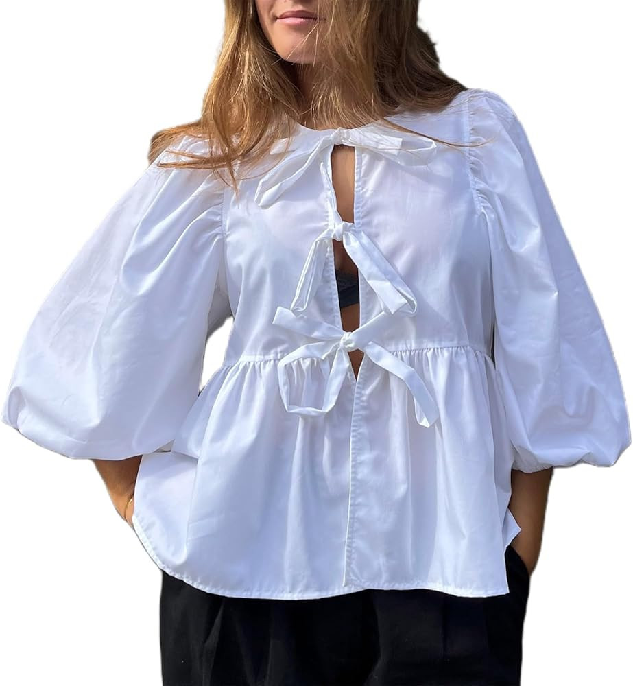 Women Puff Short Sleeve Peplum Shirts Bow Tie Front Ruffle Hem Babydoll Blouse Top | Amazon (US)