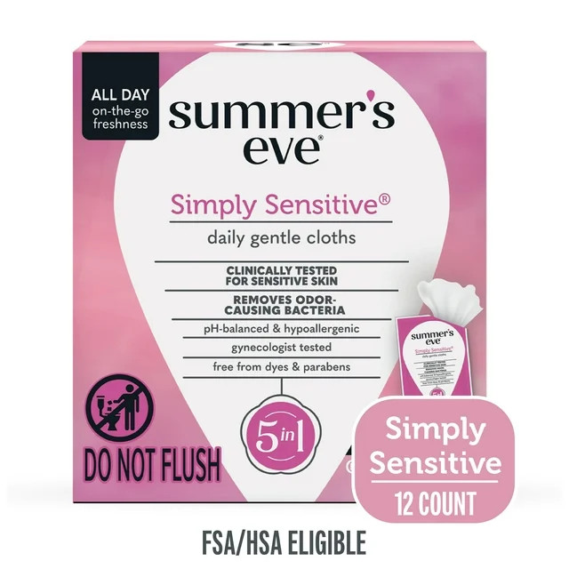 Summer’s Eve Simply Sensitive Daily Feminine Wipes, Removes Odor, pH Balanced, 12 count | Walmart (US)