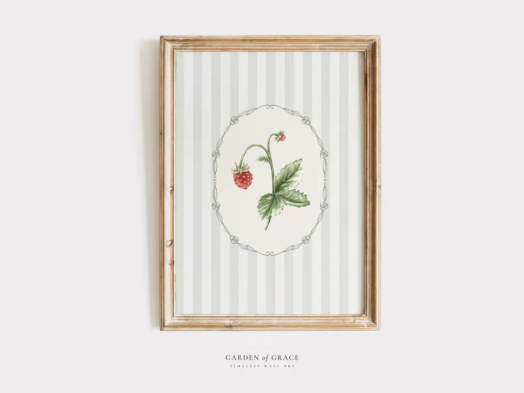 Strawberry on Green Stripes Nursery Wall Art | Cottagecore Summer Girl's Room Decor | Farmhouse P... | Etsy (US)