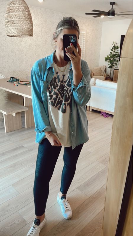 Todays very casual comfy outfit. Size M graphic tee - I wanted it super oversized / size S leggings / size / chambray - super oversized! / sneakers tts and so comfy //
