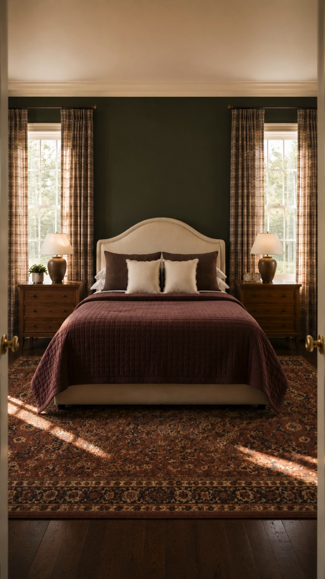 This cozy moody bedroom combines olive green walls, rich plum bedding, layered neutral textiles, and warm wood furniture for a timeless collected look. The vintage inspired rug, soft natural lighting, and traditional details create a romantic heritage inspired bedroom that feels elevated, warm, and deeply inviting.

Perfect for:
• moody traditional bedroom
• olive green bedroom inspiration
• plum velvet bedding
• cozy cottage interiors
• warm traditional home decor
• collected bedroom styling
• vintage inspired bedroom
• dark romantic bedroom
• English countryside interiors
• layered cozy bedding
• timeless elegant interiors
• warm wood bedroom furniture
• moody luxury bedroom
• heritage style decor
• classic cozy bedroom ideas
• cottage inspired home decor
• elegant layered interiors
• warm neutral styling
• curated traditional decor
• high end bedroom inspiration 

 #LTKHome