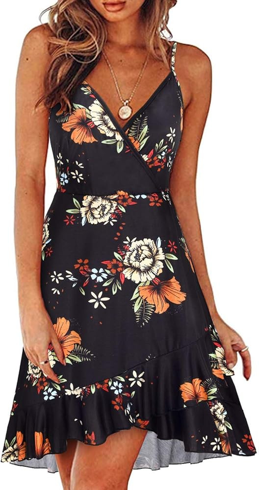 ULTRANICE Womens Summer Floral Wrap V Neck Adjustable Spaghetti Casual Ruffle Dress | Amazon (US)