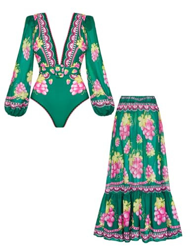 FLAXMAKER Women One Piece Long Sleeve Deep V Neck Grapes Print Long Sleeve Padded Swimsuit Two Piece Swimwear Bathing Suits (US, Alpha, Medium, Regular, Regular, Swimsuit and Skirt) | Amazon (US)