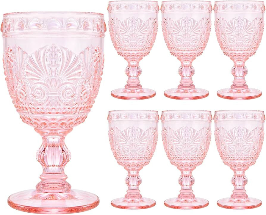 CHICERA 6 Pcs Pink Wine Glasses,Goblet Glasses,Vintage Glassware, Made of Sturdy and Durable Glas... | Amazon (US)