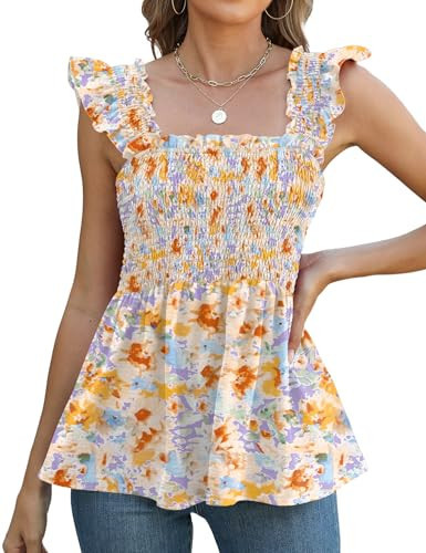 LOMON Womens Square Neck Tank Tops Cute Babydoll Shirts Ruffle Sleeve Boho Peasant Blouses 2025 Trendy (Purple Yellow Floral,XL) | Amazon (US)