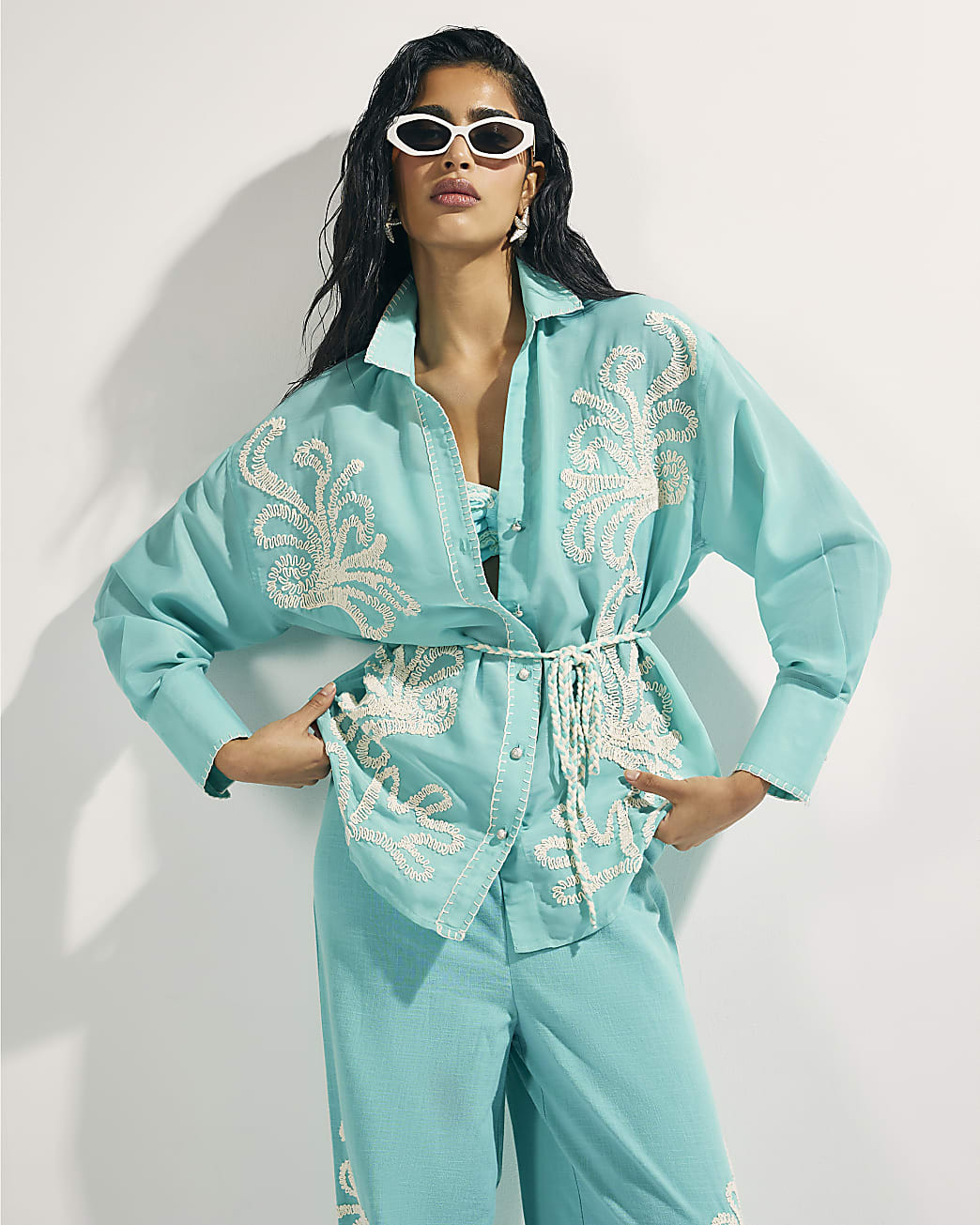 Green Embroidered Long Sleeve Beach Shirt | River Island UK & IE