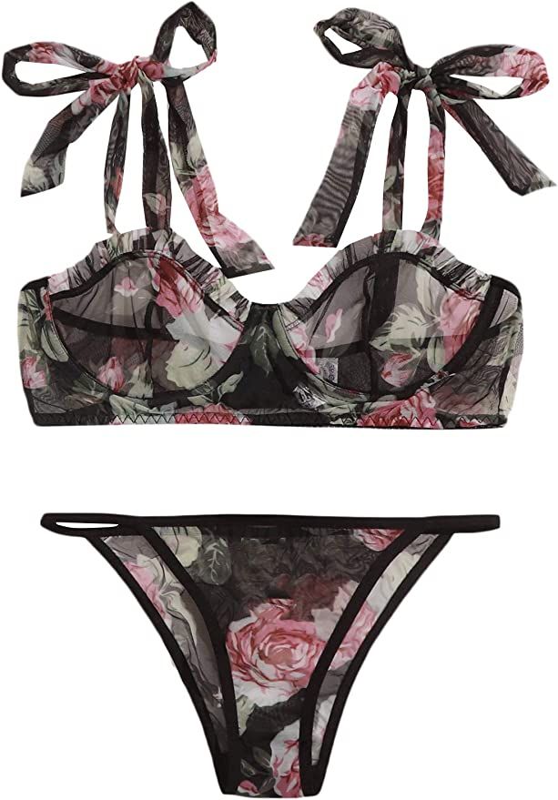 WDIRARA Women's Two Piece Floral Sheer Lace Lingerie Set Underwear Bra and Panty Set | Amazon (US)