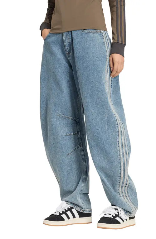 adidas Originals 3-Stripes Barrel Leg Jeans in Worn Blue Denim at Nordstrom, Size 30 | Nordstrom